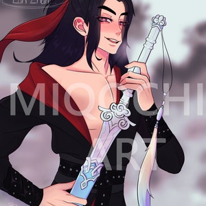 May include: A digital illustration of a character with long black hair and a red hair tie, wearing a black robe with red lining. The character holds a white sword with intricate silver details and a long, light-colored tassel. Text reads Lan Zhan.