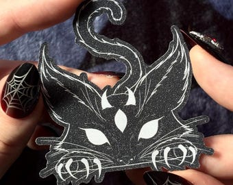 Horned Black Cat Sticker, Gothic Spooky Fantasy Vinyl Decal for Scrapbook, Cat Lover Gift