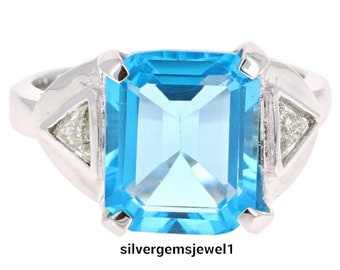 sky BLUE TOPAZ Girls Silver Ring 925 sterling silver ring handmade jewelry octagon gemstone silver ring blue topaz wedding ring