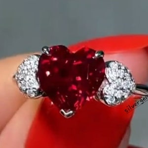 Ruby Heart Shape Ring 925 Sterling Silver Art Deco Valentine's Day Gift for Her, Customizable, All Sizes Available, Girls & Women Ring