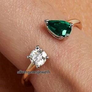 Anello toi et moi con pietra preziosa a forma di pera LAB EMERALD Anello in argento sterling 925 Anello per ragazze e donne Anello di fidanzamento Vintage Cluster, matrimonio, anello