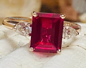 LAB RUBY THREE stenen ring smaragd geslepen robijn achthoekige ring 925 sterling ring meisjes/vrouwen verloving, bruiloft, bruidsring moederdagring