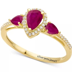 LAB RED RUBY three pear stone ring 925 sterling silver ring girls and women , solid silver ring solitaire ring   wedding ring love,gift ring