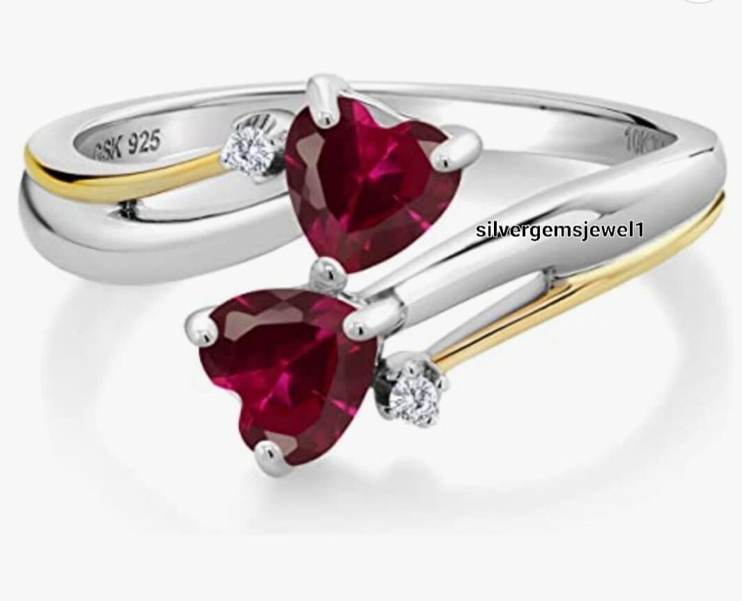 RED RUBY Two Heart , Heart Shape Ring 925 Sterling Silver Ring Girls ...