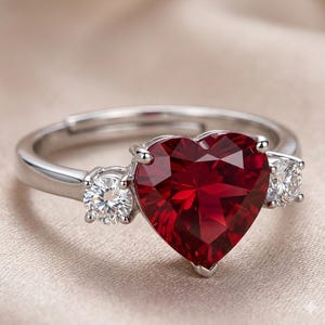 Puede incluir: Un anillo plateado con una gran gema roja facetada en forma de corazón como pieza central. Dos gemas claras, redondas y más pequeñas flanquean el corazón. El anillo está sobre un fondo neutro.