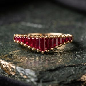 14K Ruby Ring Baguette Cut Ruby Wedding Band Gold Curved Stacking Ring July Birthstone Ring Vintage Chevron Band Unique Anniversary Gift