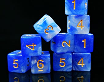 Personalized D6 Dice – White & Blue, Gold Numbered Six-Sided Dice, Order 10 Dices and Get a Free Personalized Dice Bag