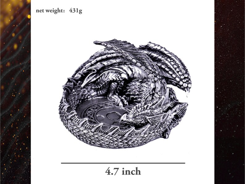May include: A silver dragon figurine curled up in a sleeping position. The dragon is detailed with scales and has a textured surface. The dragon is 4.7 inches in diameter.