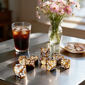 May include: A set of polyhedral dice with a translucent amber-colored resin body and intricate white numbering. The dice are arranged in a cluster, featuring various geometric shapes including d20, d12, d10, d8, d6, and d4, all with sharp edges.