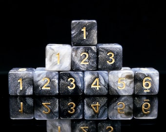 Personalized D6 Dice – Black & White, Gold Numbered Six-Sided Dice, Order 10 Dices and Get a Free Personalized Dice Bag