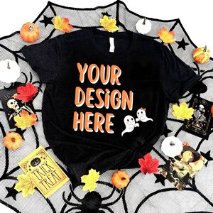 Halloween Mockup Bella Canvas 3001 Black Tshirt Flat Lay | Halloween Flatlay Black Tshirt Mock | Flat lay Mockup | 3001 Mockup Halloween