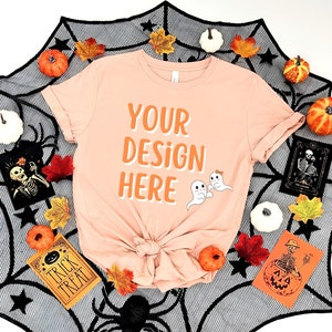 Halloween Mockup Bella Canvas 3001 Heather Peach Flat Lay | Halloween Flatlay Tshirt Mockup | Halloween Tshirt Mockup | 3001 Halloween Shirt