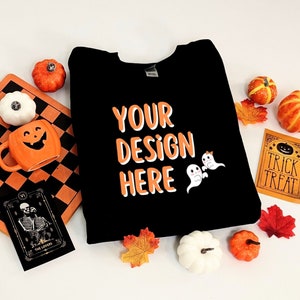 Halloween Mockup Gildan 18000 Black Sweatshirt Flat Lay | Spooky Season Flatlay Sweatshirt Mock | Fall Mockup Gildan 18000 | Halloween Mock