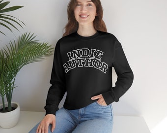 May include: A black sweatshirt with white text that reads "Indie Author" in an arched collegiate font.