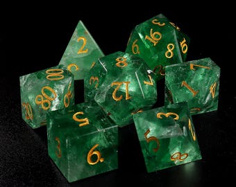 Green Fluorite Dice Set | Dnd Dice Set|Norse Mythology Style Symbols| Dnd GM Gift | Gemstone Dnd Dice Gift | Role Playing Games D20 Dice Set