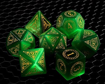Runes Full Set Green Cat's Eye Dnd Dice Set|Norse Mythology Runes Symbols| Dnd GM Gift | Gemstone Dnd Dice Gift Role Playing Games D20 Dice