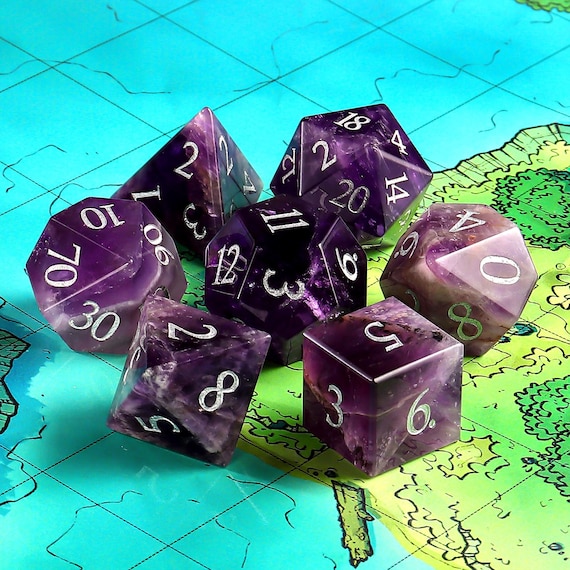 Natural Amethyst  DnD Dice Set |Gemstone Dnd Dice Set|| Dnd GM Gift | Gemstone Dnd Dice Gift | Role Playing Games D20 Dice Set