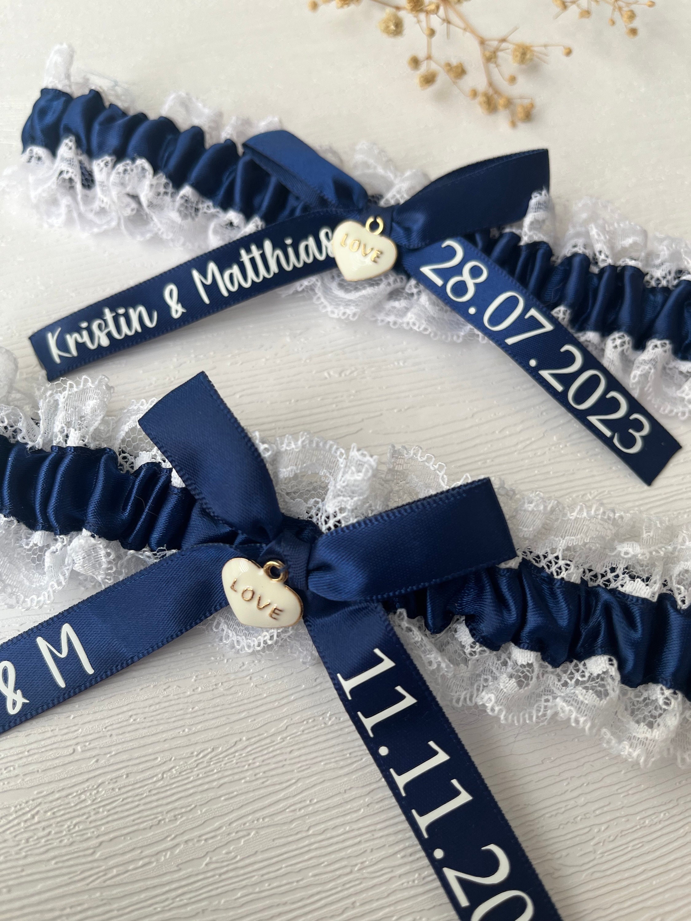 CIATBYYJ Braut-Strumpfband Set – 2 Stück, Weiße Spitze Mit Blauen Strasssteinen, Für Hochzeit & Partys