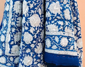 Blue Indigo Indian Hand Block Print Ethnic Light Weight 100%Cotton Reversible Winter Coverlet Quilt Throw Traditional Handmade Blanket Razai