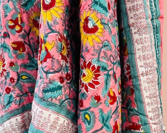 Indian Razai, Queen Block Print Quilt, Printed Reversible Razai, Cotton Quilt, Handmade Floral Quilt, Jaipuri razai,New Floral Print Quilt