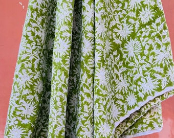 Indian Handmade Block Print Kantha Quilt, Green Floral Block Traditional Print Kantha Throw Gudari Blanket Bedspread, Cotton Quilt For Home