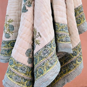 Soft Hand Made Cotton Quilt, Indian Reversible Light Weight Traditional Quilt, Jaipuri Razai Throw, Hand Block Floral Print Blankets, Gifts