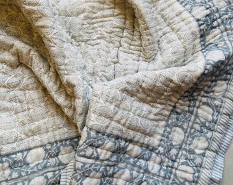 Indian Hand Block Print Cotton Quilts Kantha Floral Soft Quilt, Indian Handmade Reversible Jaipuri Razai, Ultra Warm Quilt Light & Comfort
