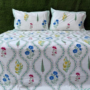 Indian Block Print Floral Bedsheet, Queen Size Bedding Set, Bedsheet For Home Decor,  Soft Cotton Flat Sheet Set, Perfect Gifts Bed Spread
