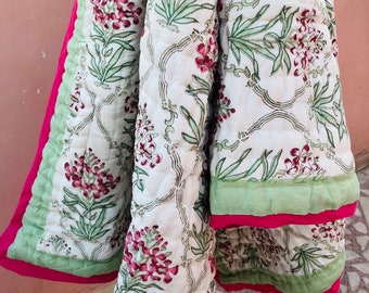 Floral Reversible Jaipuri Rajai, Quilt Indian Traditional Hand Block Print Handmade 100%Cotton Light Weight Kantha,Quilt Blanket,Coverlet