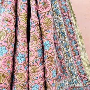 Pink and Blue Handmade Quilt, 100%Cotton Quilt, Indian Reversible Blanket, Lightweight Quilt, Jaipuri Floral Razai, Hand Block Quilt Blanket