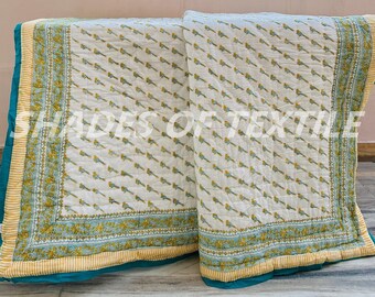 Indian Hand Block Print Reversible Quilt Handmade In Side Doctor Cotton Light Weight Winter Razai, Queen Size Blanket Quilt/Blanket Coverlet