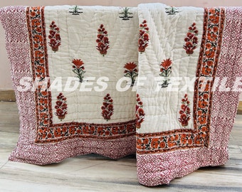 Traditional Hand Block Print Cotton Indian Winter Reversible Light Weight Quilt Razai Throw Ethnic Handmade Blanket Coverlet Floral Printed.