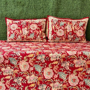 Indian Hand Block Printed Bedsheet Set, Pure Cotton Floral Boho Soft Bedsheets, Queen Flat Sheet Gift for her Bedspread With 2 Pillow Cover