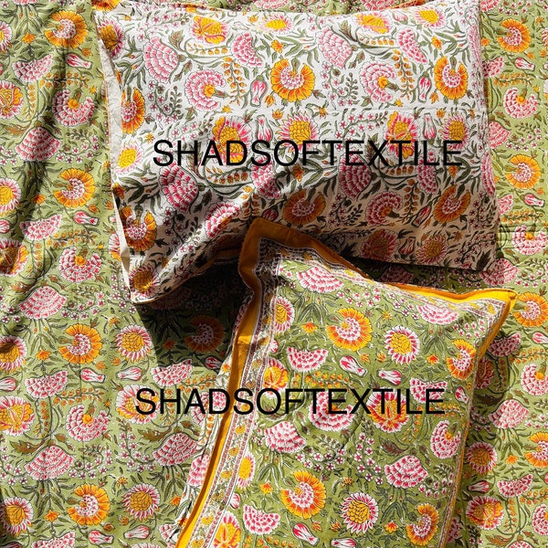 3Piece Cotton Hand Block Print Bed Sheet, 90"x108" Floral Paisley Boho Design King Soft Cotton Flat Sheet Set, Green Bedsheet For Home Decor