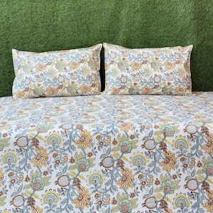 Organic Cotton Floral Pattern Bed Sheet, Indian Hand Block Print Queen Size Sheet, Jaipuri Bed Sheet with Reversible 2 Pillow Cover, Gifts