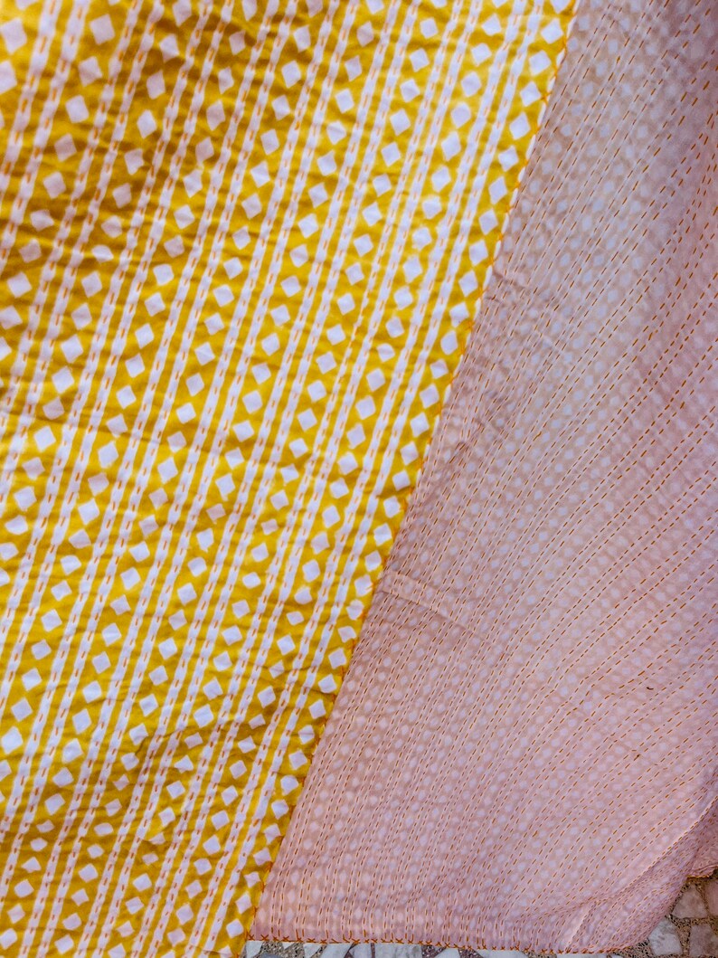 Yellow Hand Block Print Kantha Quilt Floral Block Print Kantha