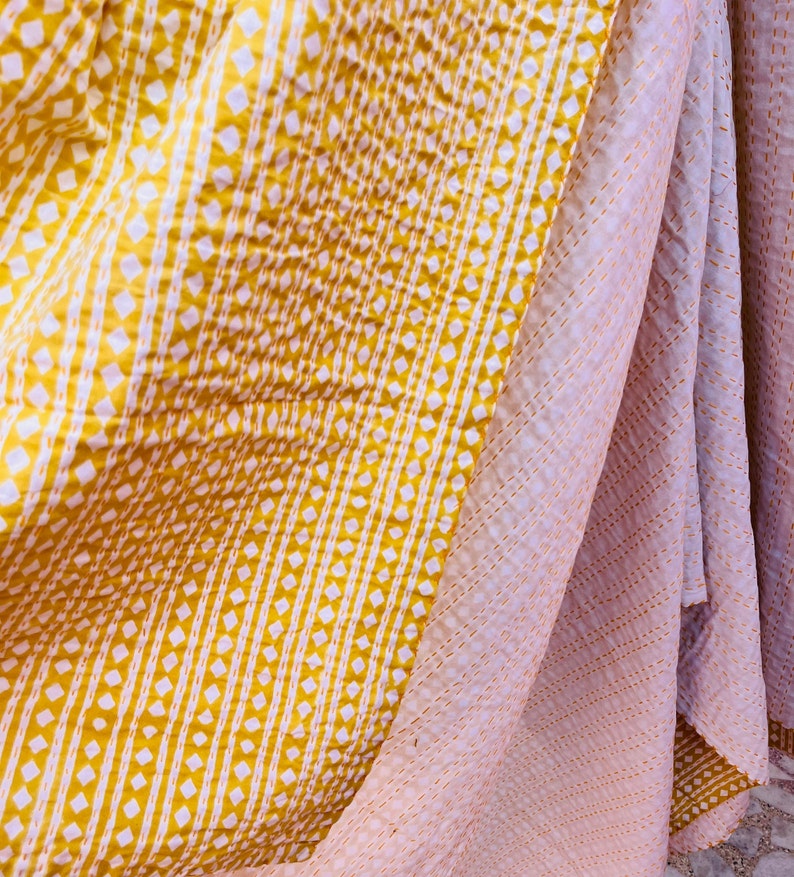 Yellow Hand Block Print Kantha Quilt Floral Block Print Kantha