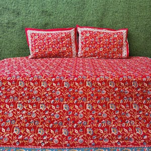 Organic Cotton Queen Size Indian Sheets Set, Hand Block Printed Floral Bedding Set Sheets, Bed Sheets with Reversible Two Pillow, Home Decor