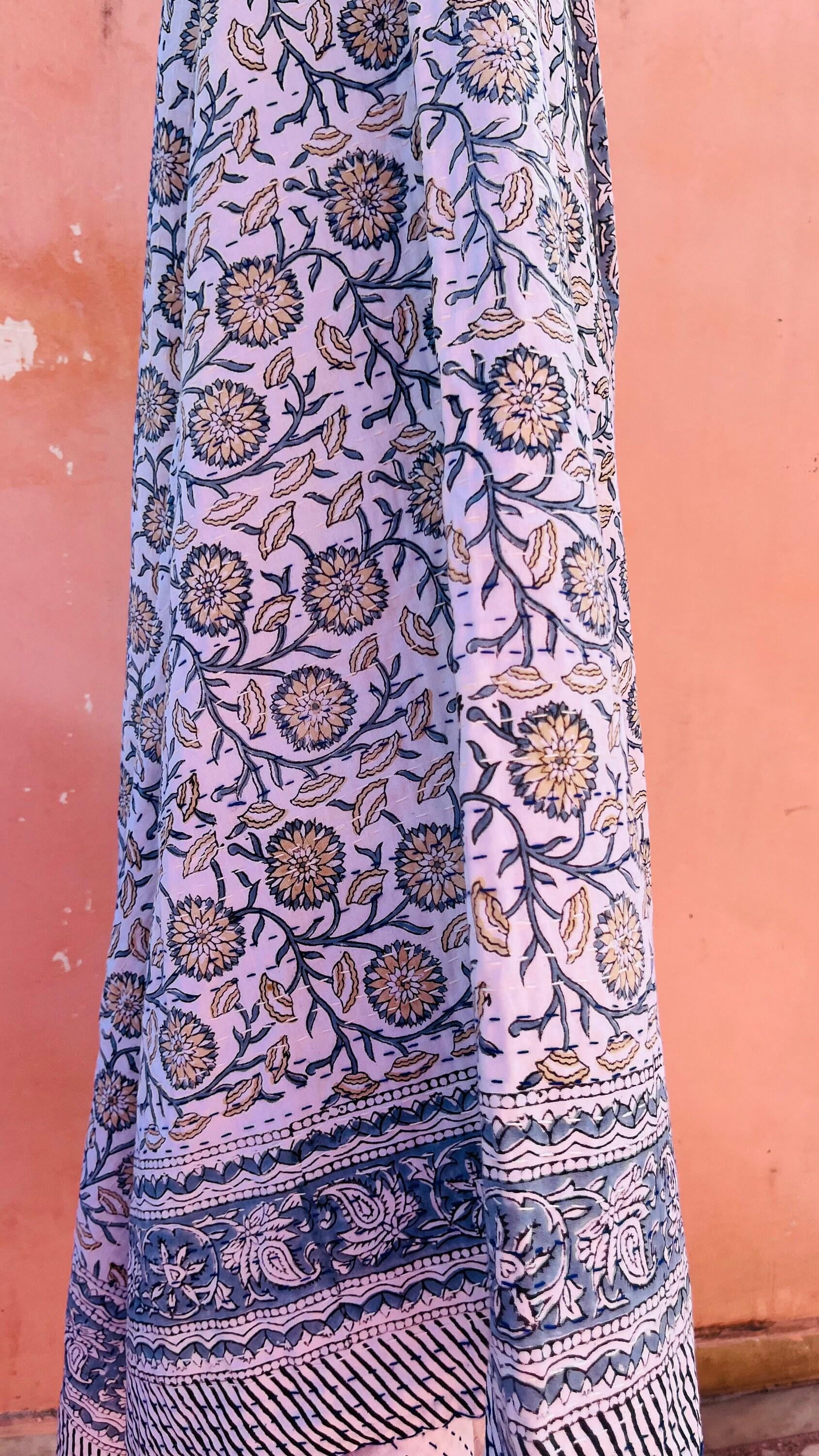 Indian Bed Cover Organic Soft Cotton Kantha Blanket, Jaipuri Block Print Boho Summer Queen Size Kantha Quilt, Modern Throw Kantha Stitched