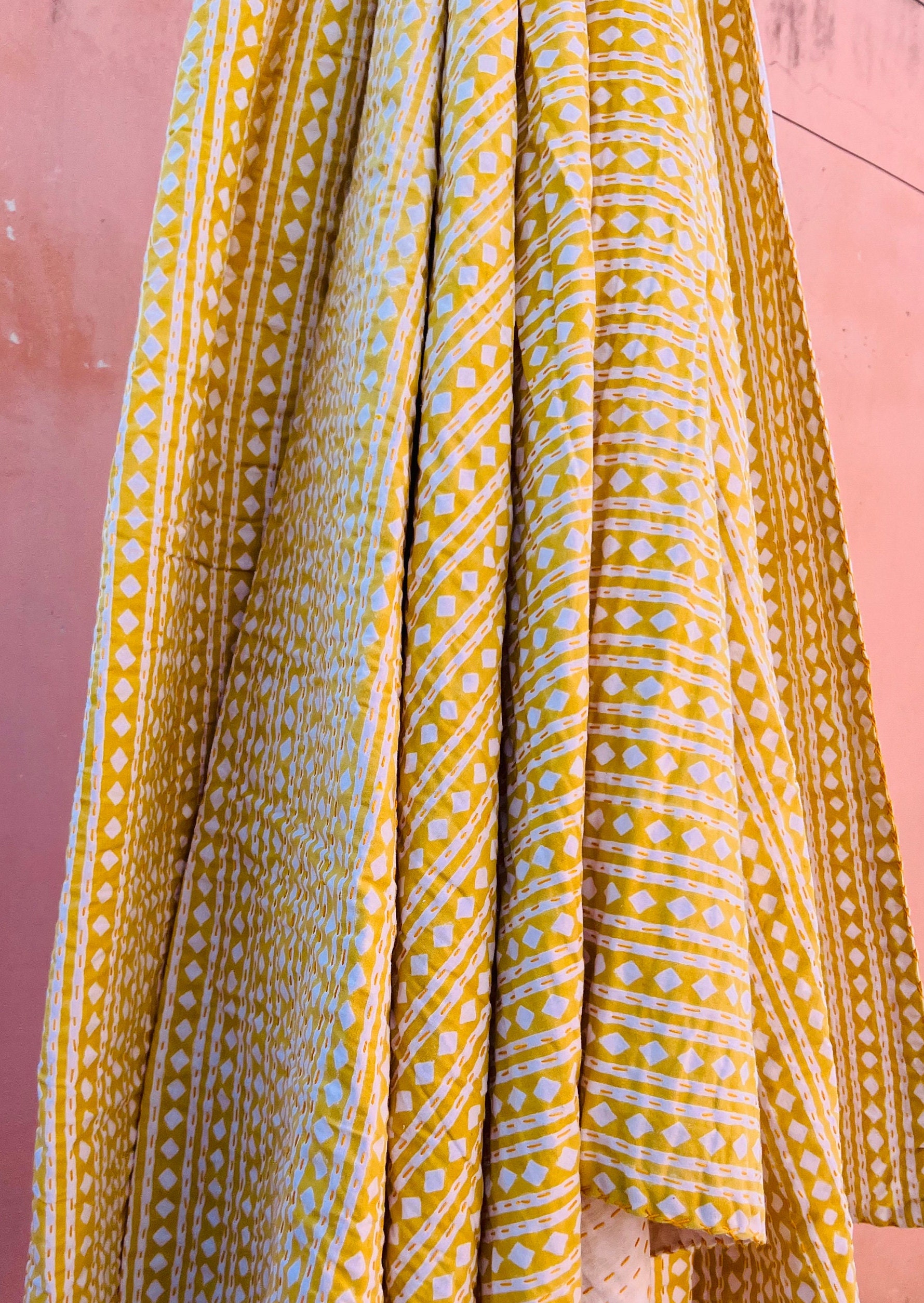 Orange Indian Kantha Quilt/Handmade Floral Hand Block Print Cotton Sheet Bedspread /King Queen Twin Size Kantha Quilt/Kantha Coverlet Throw – Kusum Handicrafts