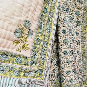 Indian Block Printed king Bed Quilt, Jaipuri Reversible Floral Throw Cotton Bedspread, Gift