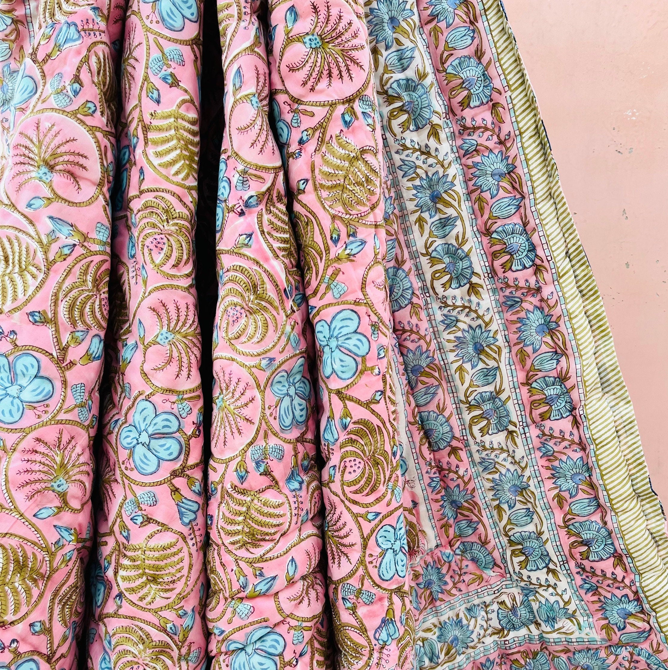 Pink and Blue Handmade Quilt, 100%Cotton Quilt, Indian Reversible Blanket, Lightweight Quilt, Jaipuri Floral Razai, Hand Block Quilt Blanket