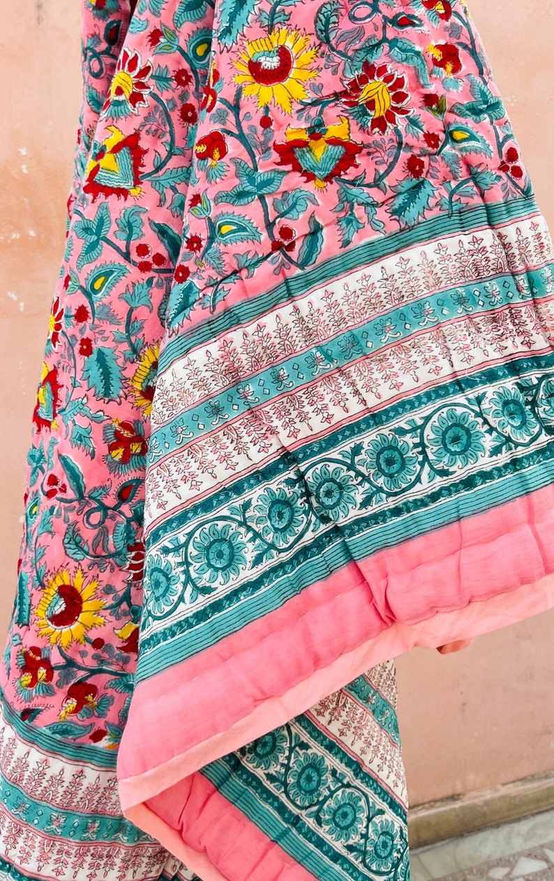 Indian Razai, Queen Block Print Quilt, Printed Reversible Razai, Cotton Quilt, Handmade Floral Quilt, Jaipuri razai,New Floral Print Quilt image 9