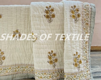 King Size Hand Stitched Block Print Quilt, Reversible Indian Floral Organic Cotton Quilt, Jaipuri Razai Bedspread, Duvet Covers, Home Decor