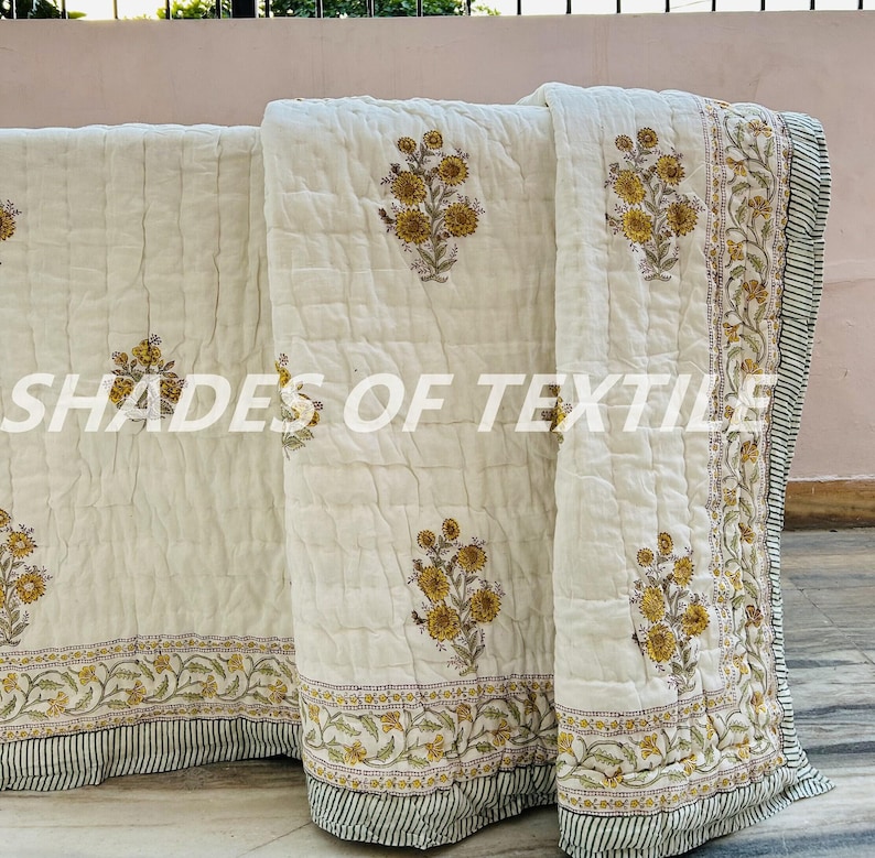 King Size Hand Stitched Block Print Quilt, Reversible Indian Floral Organic Cotton Quilt, Jaipuri Razai Bedspread, Duvet Covers, Home Decor
