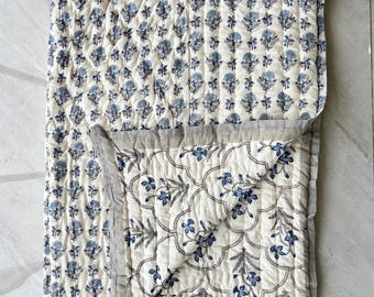 Hand Block Printed Cotton Quilt: King Size Reversible Jaipuri Razai