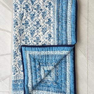 Reversible Block Printed Indian Cotton Quilt, Jaipuri Floral Queen Size Bedding Quilted Bedspread, Comforter Throw Blanket, Home Decor, Gift