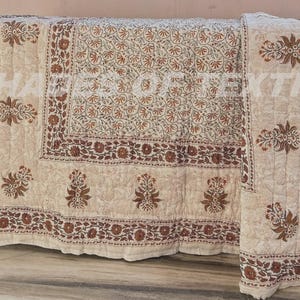 King Sized Block Print Bed Quilt, Reversible Throw Floral Cotton Blanket Bedspread