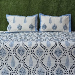 Cotton Hand Block Print Indian Bed Sheet, Floral Design Queen Size Soft Cotton Sheet Set, Flat Sheets Reversible Pillows, Bedding Home Decor