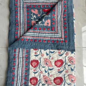 Indian Hand Block Print Queen Size Quilt, Reversible Floral Pattern Pure Cotton Quilted Blanket, Boho Comforter Bedspread, Home Decor, Gift